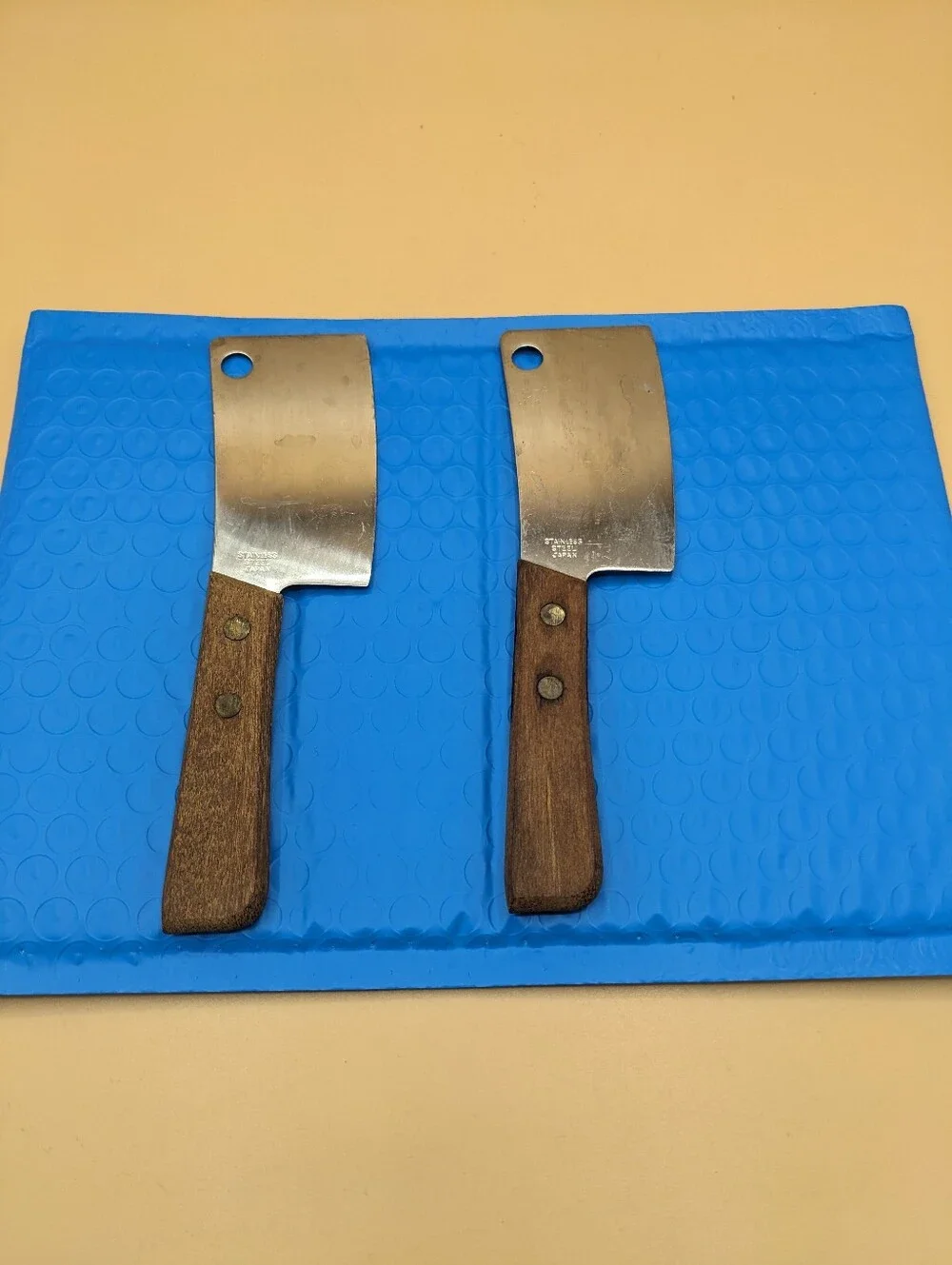 Vintage Mini Cleaver Cheese Slicer Set Of 2 Wood handle Stainless Pre-owned